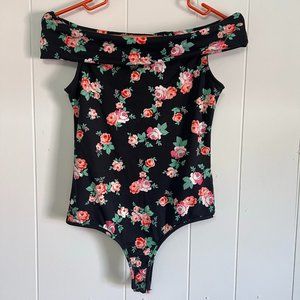 Bongo black floral print bodysuit, medium, off the shoulders